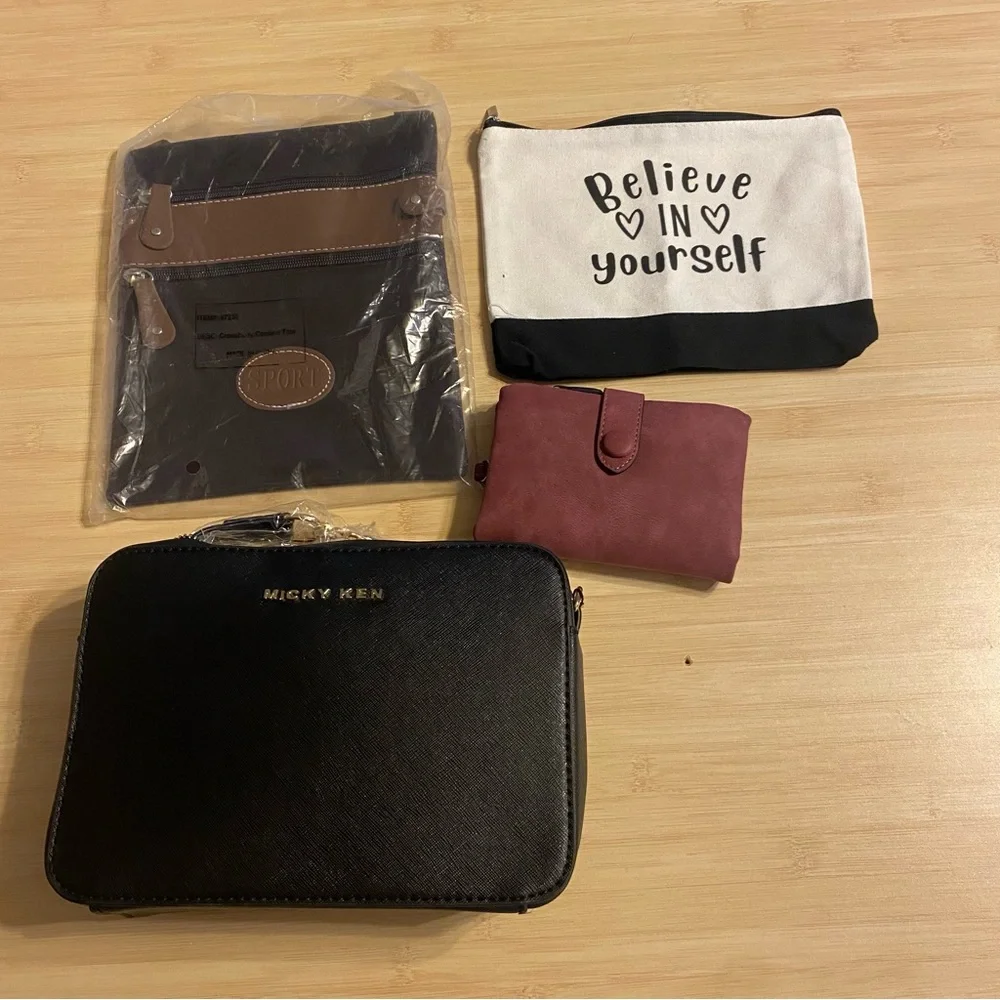 New 4 bag bundle lot - 2 crossbody purses faux suede wallet cosmetic travel